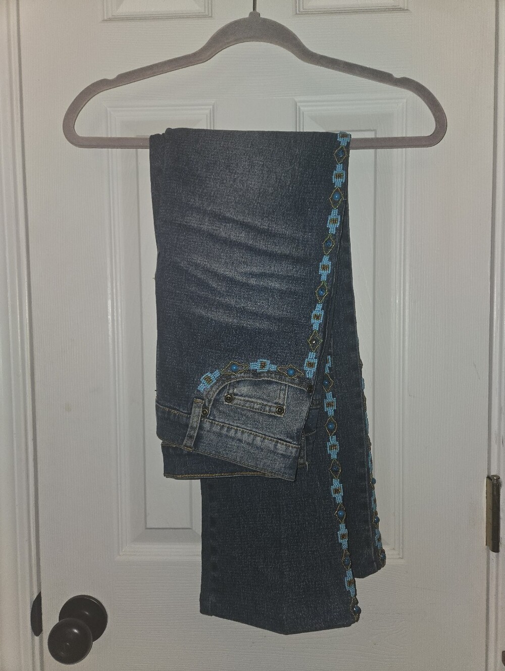 Diane Gilman Hand Beaded Boot Cut Blue Jeans Size 4